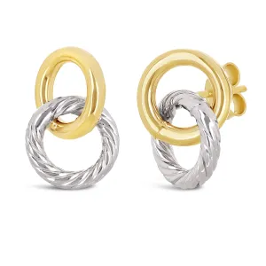 Italian 14k Yellow & White Gold Double Tube Shiny Eternity Circle Stud Earrings