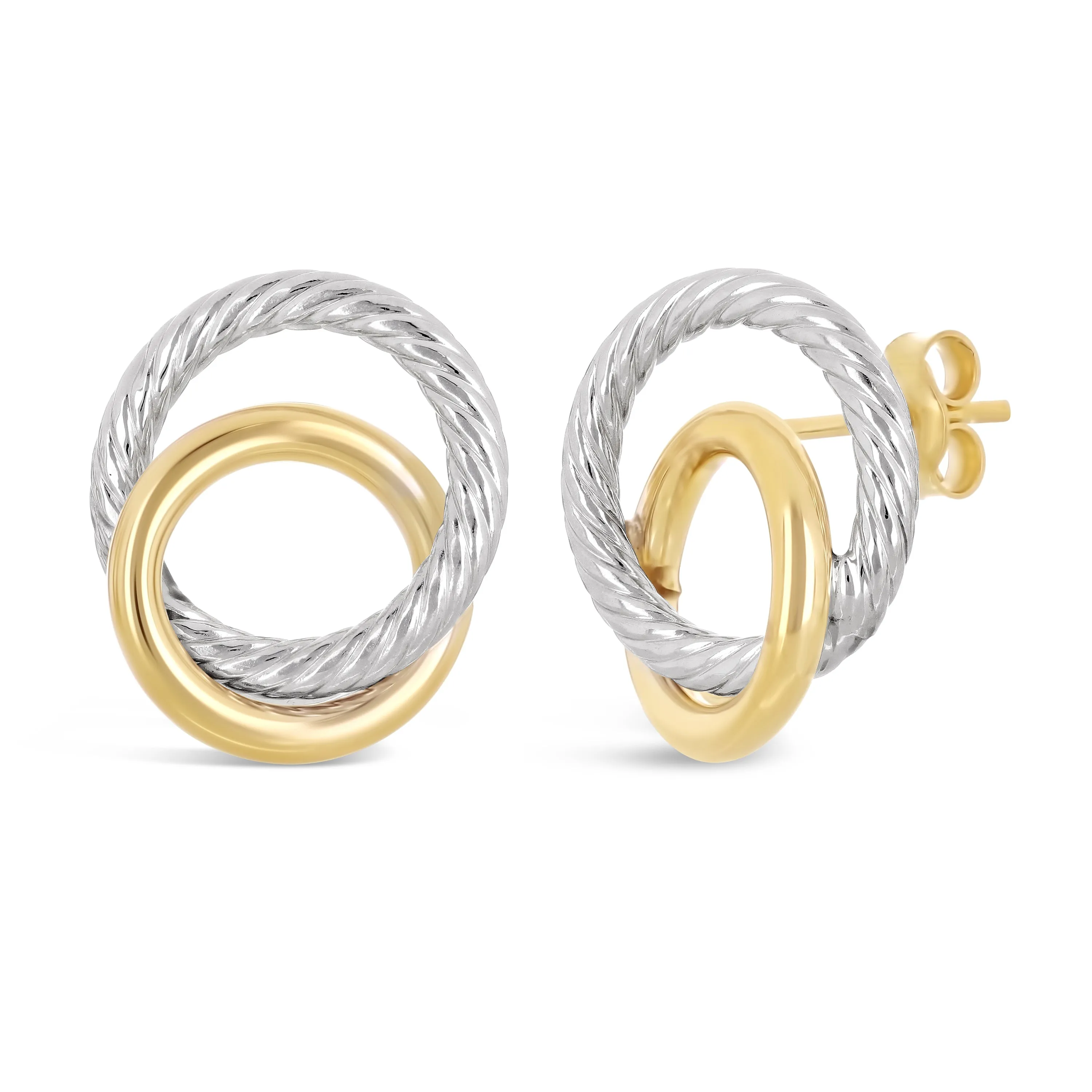 Italian 14k Yellow & White Gold Double Tube Shiny Eternity Circle Stud Earrings