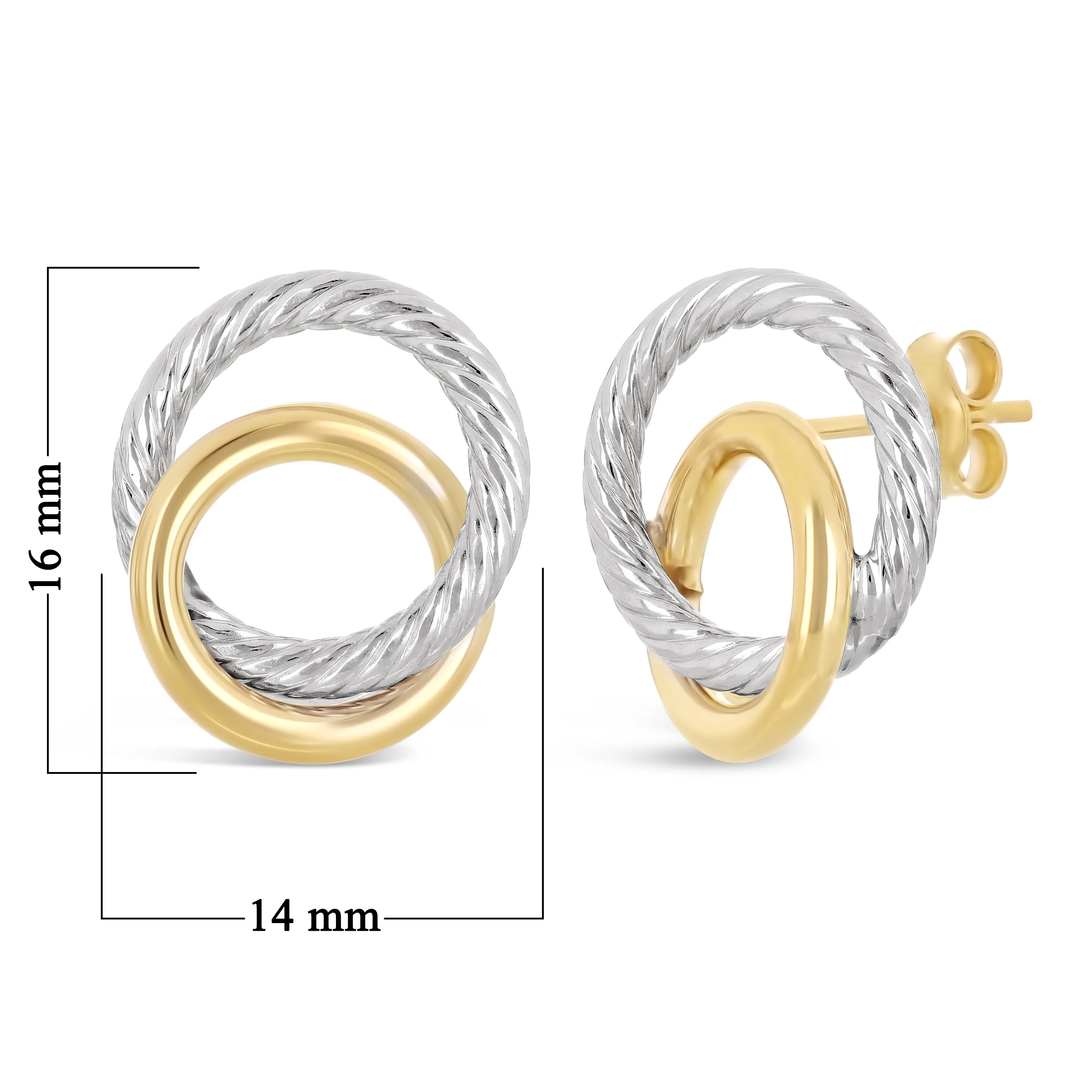 Italian 14k Yellow & White Gold Double Tube Shiny Eternity Circle Stud Earrings