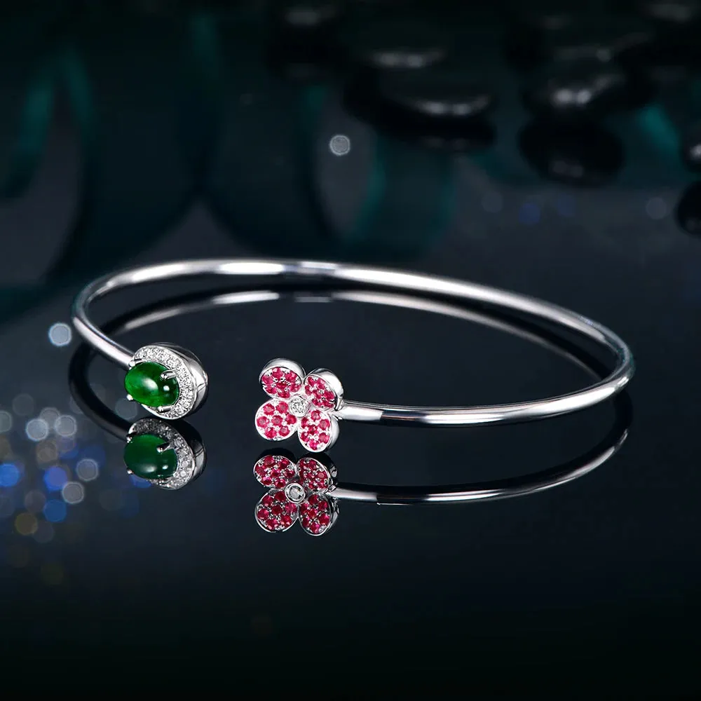 Jewelry 0.68ctw Oval Natural Emerald & 0.18ct Ruby 0.11ct Pave Diamond 18K White Gold Gemstone Bracelet