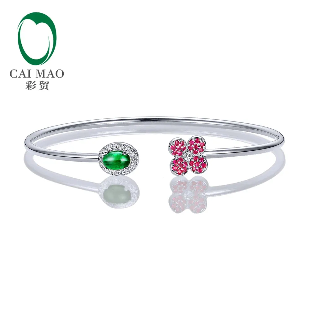 Jewelry 0.68ctw Oval Natural Emerald & 0.18ct Ruby 0.11ct Pave Diamond 18K White Gold Gemstone Bracelet
