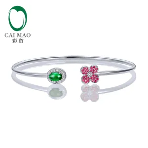 Jewelry 0.68ctw Oval Natural Emerald & 0.18ct Ruby 0.11ct Pave Diamond 18K White Gold Gemstone Bracelet