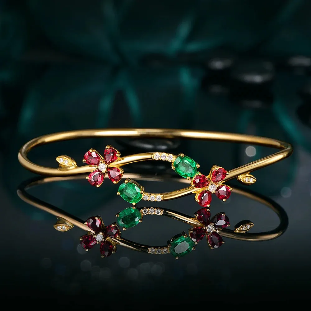 Jewelry 0.76ctw Oval Natural Emerald & 1.67ct Ruby Pave Diamond 18K Yellow Gold Gemstone Bracelet