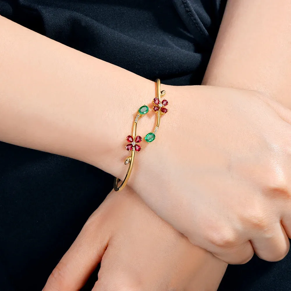 Jewelry 0.76ctw Oval Natural Emerald & 1.67ct Ruby Pave Diamond 18K Yellow Gold Gemstone Bracelet