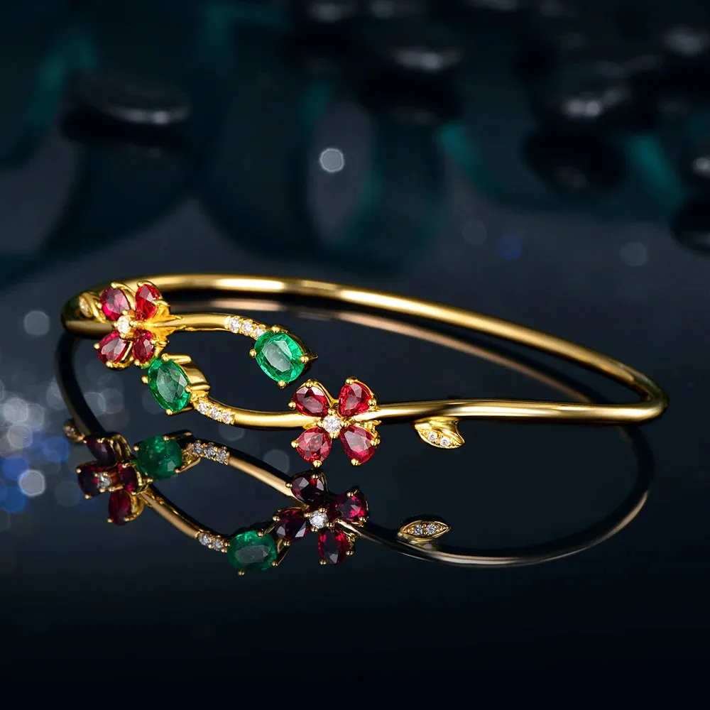 Jewelry 0.76ctw Oval Natural Emerald & 1.67ct Ruby Pave Diamond 18K Yellow Gold Gemstone Bracelet
