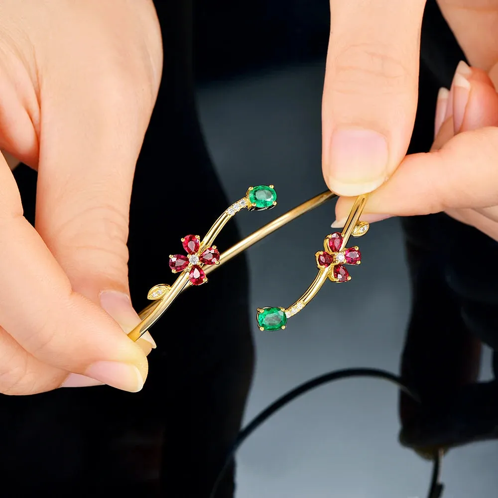 Jewelry 0.76ctw Oval Natural Emerald & 1.67ct Ruby Pave Diamond 18K Yellow Gold Gemstone Bracelet