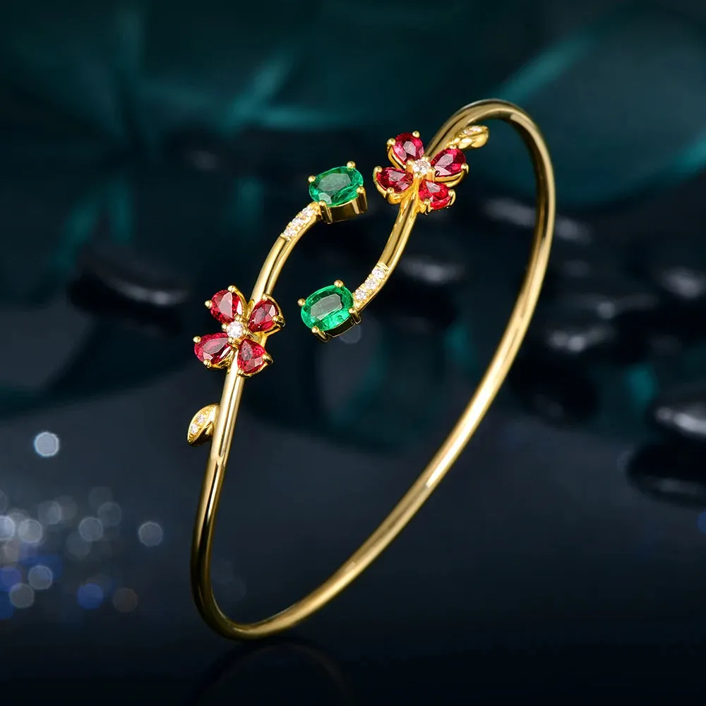 Jewelry 0.76ctw Oval Natural Emerald & 1.67ct Ruby Pave Diamond 18K Yellow Gold Gemstone Bracelet