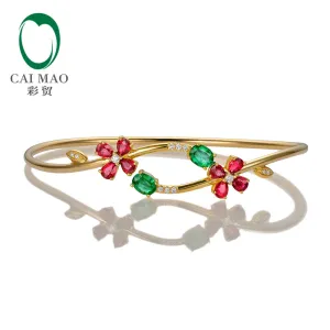 Jewelry 0.76ctw Oval Natural Emerald & 1.67ct Ruby Pave Diamond 18K Yellow Gold Gemstone Bracelet
