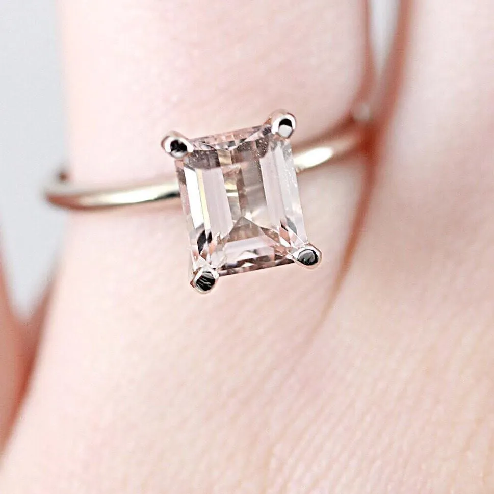 Juliette 8mm x 6.5mm Emerald Cut Peachy Pink Morganite Center Gem 14k Solid White Gold Emerald 4-Prong Peg Setting Solitaire Ring 1.8 CTTW
