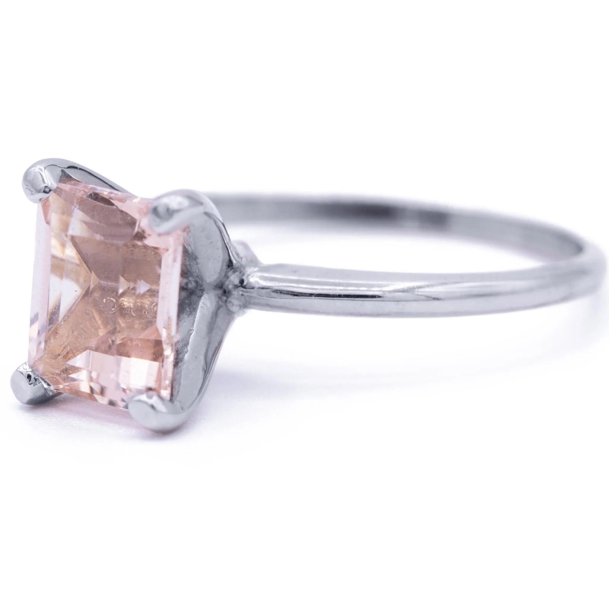 Juliette 8mm x 6.5mm Emerald Cut Peachy Pink Morganite Center Gem 14k Solid White Gold Emerald 4-Prong Peg Setting Solitaire Ring 1.8 CTTW