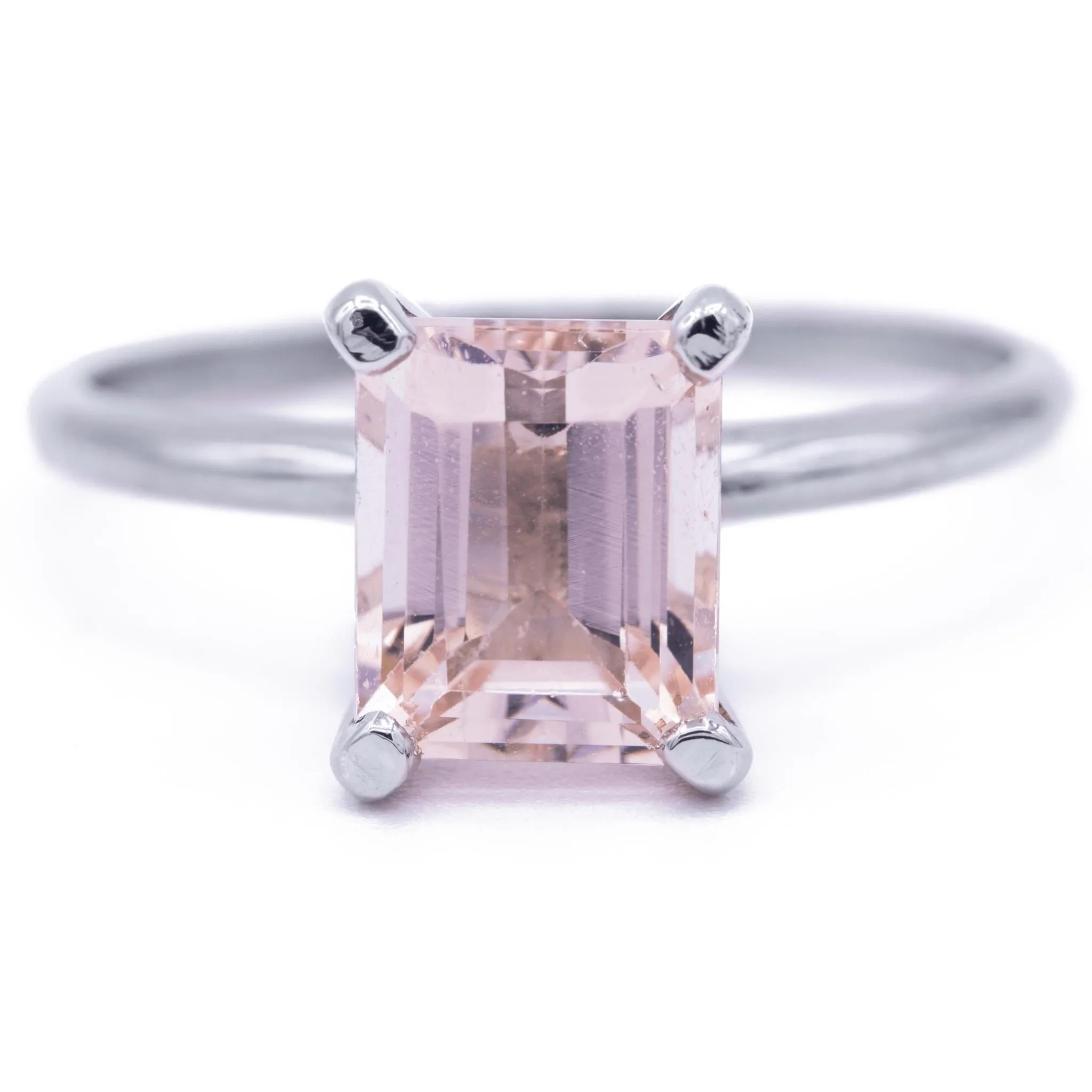 Juliette 8mm x 6.5mm Emerald Cut Peachy Pink Morganite Center Gem 14k Solid White Gold Emerald 4-Prong Peg Setting Solitaire Ring 1.8 CTTW