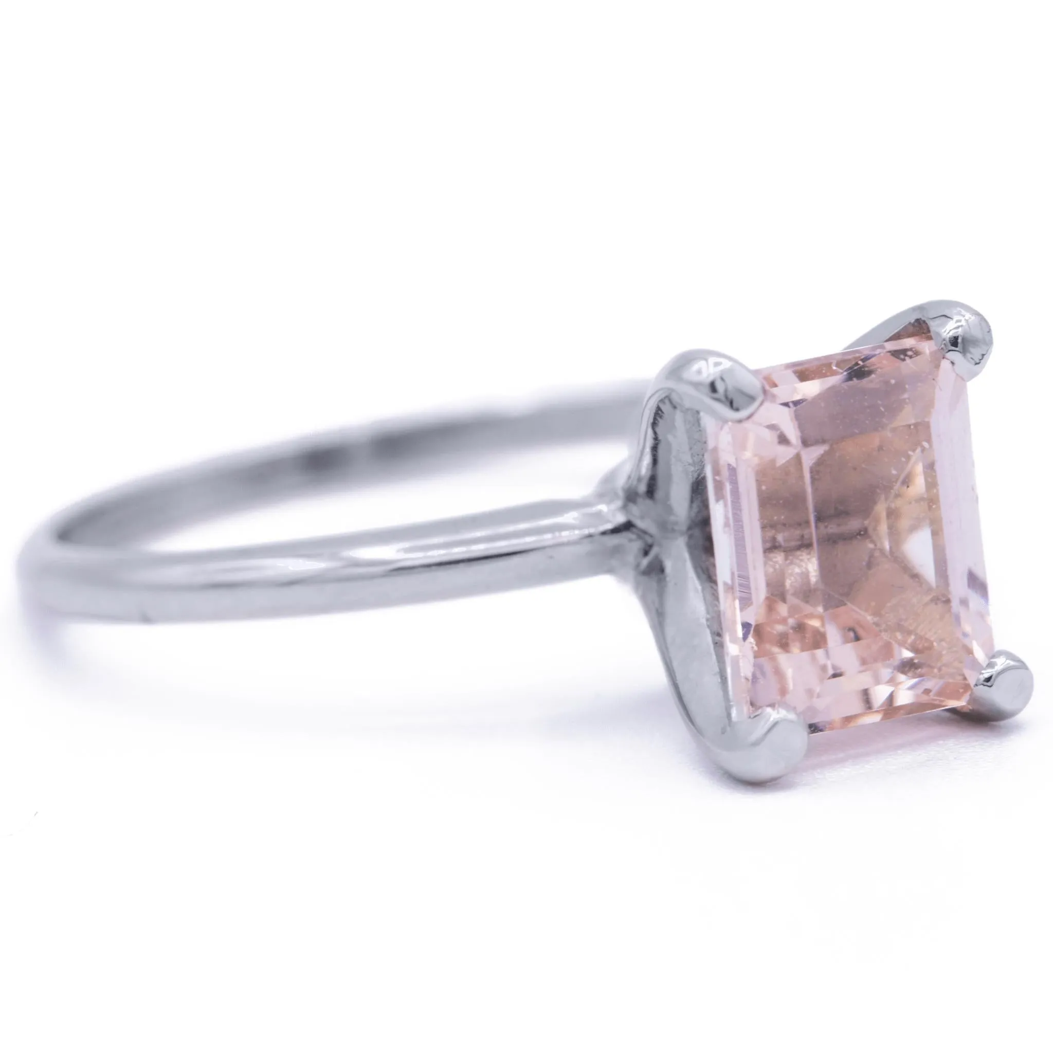 Juliette 8mm x 6.5mm Emerald Cut Peachy Pink Morganite Center Gem 14k Solid White Gold Emerald 4-Prong Peg Setting Solitaire Ring 1.8 CTTW