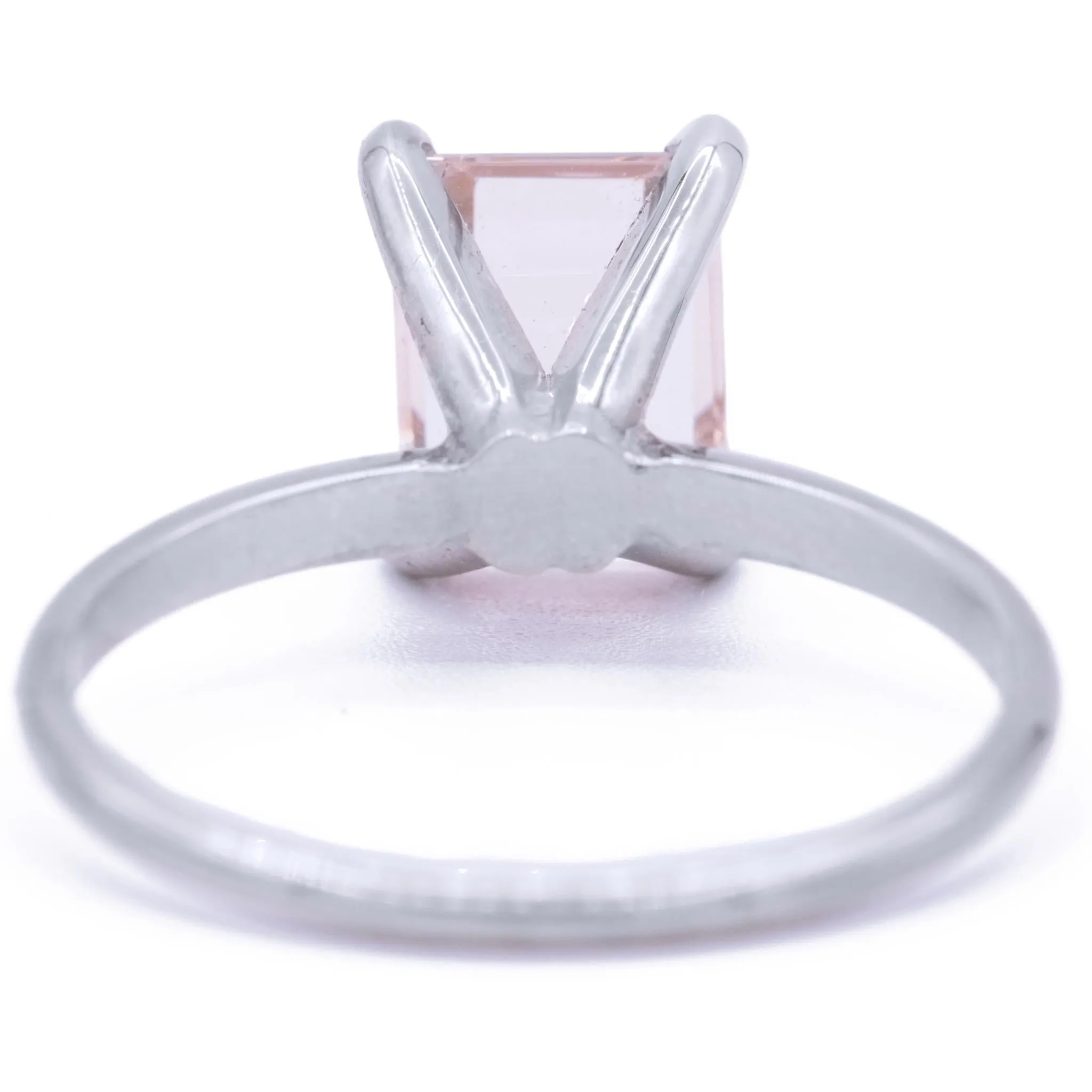 Juliette 8mm x 6.5mm Emerald Cut Peachy Pink Morganite Center Gem 14k Solid White Gold Emerald 4-Prong Peg Setting Solitaire Ring 1.8 CTTW