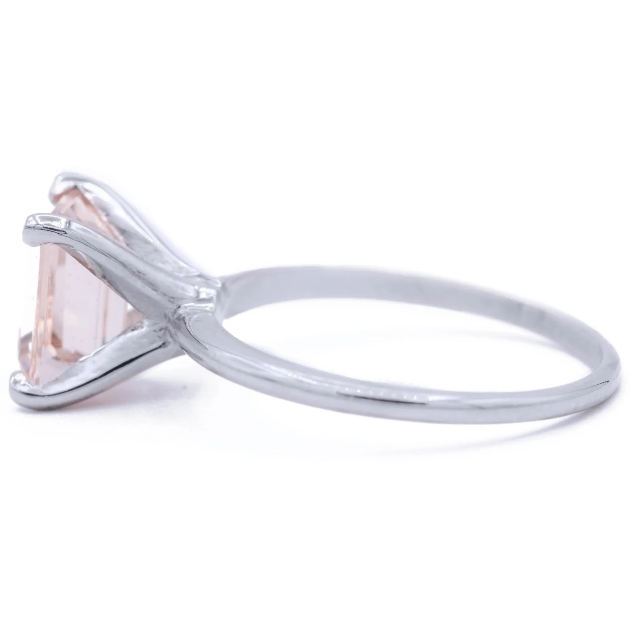 Juliette 8mm x 6.5mm Emerald Cut Peachy Pink Morganite Center Gem 14k Solid White Gold Emerald 4-Prong Peg Setting Solitaire Ring 1.8 CTTW
