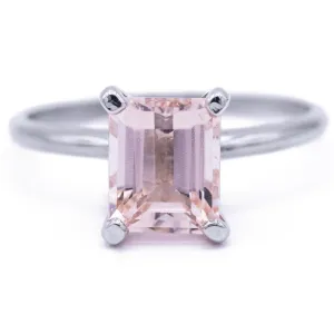 Juliette 8mm x 6.5mm Emerald Cut Peachy Pink Morganite Center Gem 14k Solid White Gold Emerald 4-Prong Peg Setting Solitaire Ring 1.8 CTTW