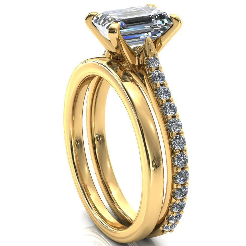 Kelsy Emerald Moissanite 4 Prong 3/4 Shared Scalloped Inverted Cathedral Ring