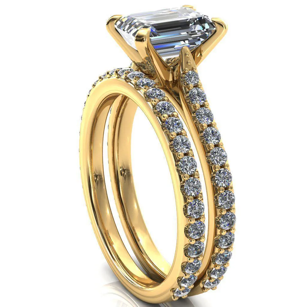 Kelsy Emerald Moissanite 4 Prong 3/4 Shared Scalloped Inverted Cathedral Ring