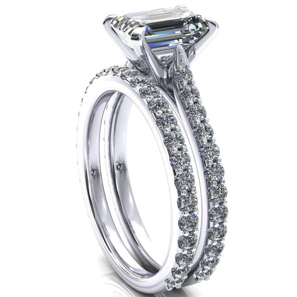 Kelsy Emerald Moissanite 4 Prong 3/4 Shared Scalloped Inverted Cathedral Ring