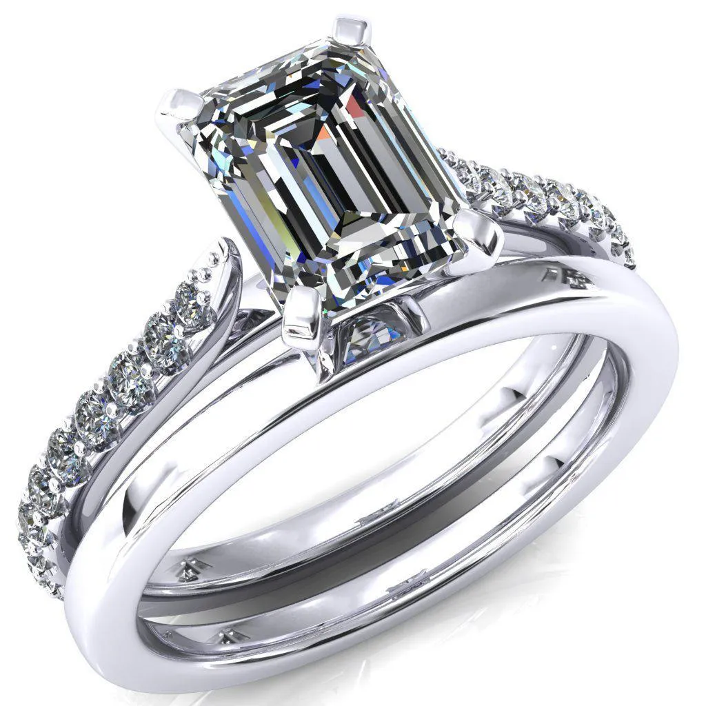 Kelsy Emerald Moissanite 4 Prong 3/4 Shared Scalloped Inverted Cathedral Ring