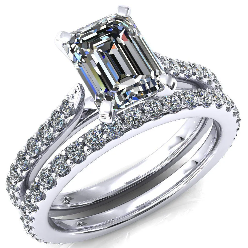 Kelsy Emerald Moissanite 4 Prong 3/4 Shared Scalloped Inverted Cathedral Ring
