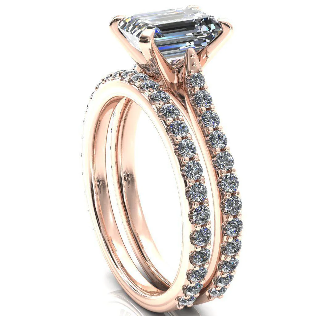 Kelsy Emerald Moissanite 4 Prong 3/4 Shared Scalloped Inverted Cathedral Ring