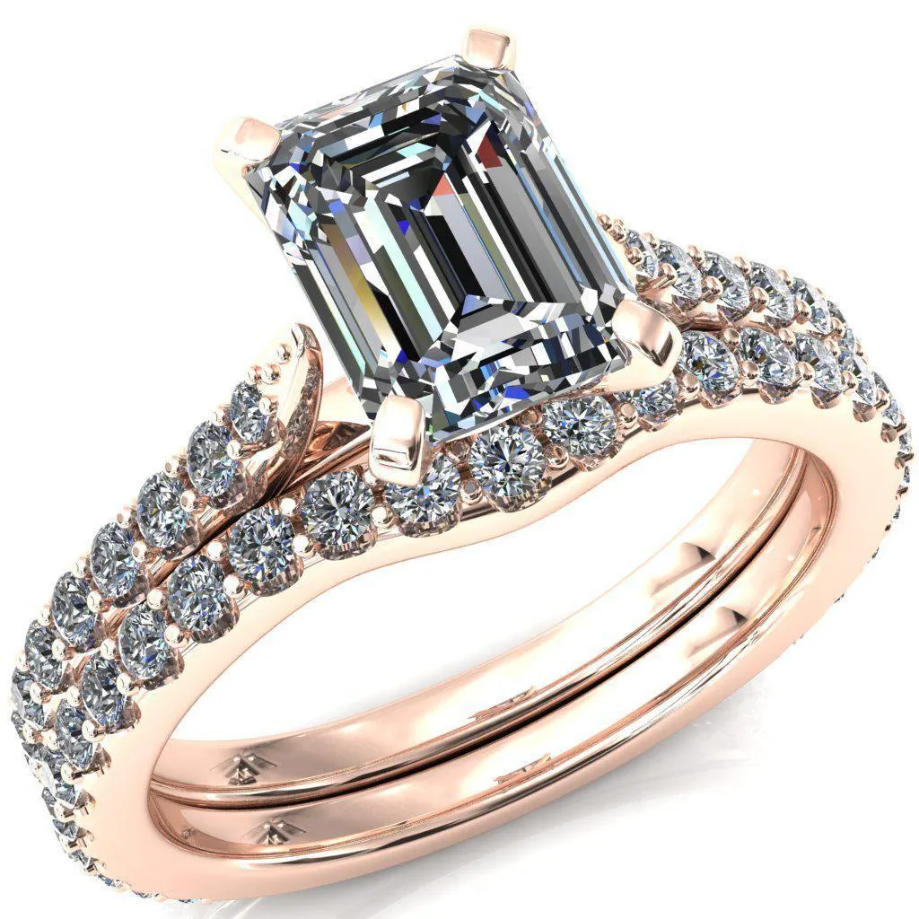 Kelsy Emerald Moissanite 4 Prong 3/4 Shared Scalloped Inverted Cathedral Ring