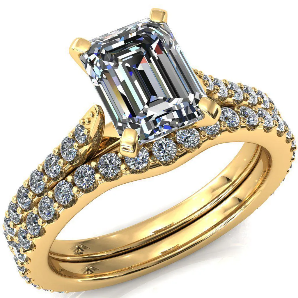 Kelsy Emerald Moissanite 4 Prong 3/4 Shared Scalloped Inverted Cathedral Ring