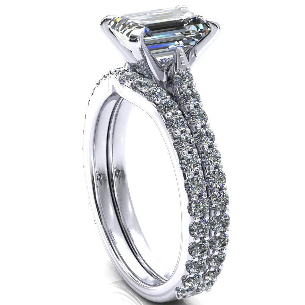 Kelsy Emerald Moissanite 4 Prong 3/4 Shared Scalloped Inverted Cathedral Ring