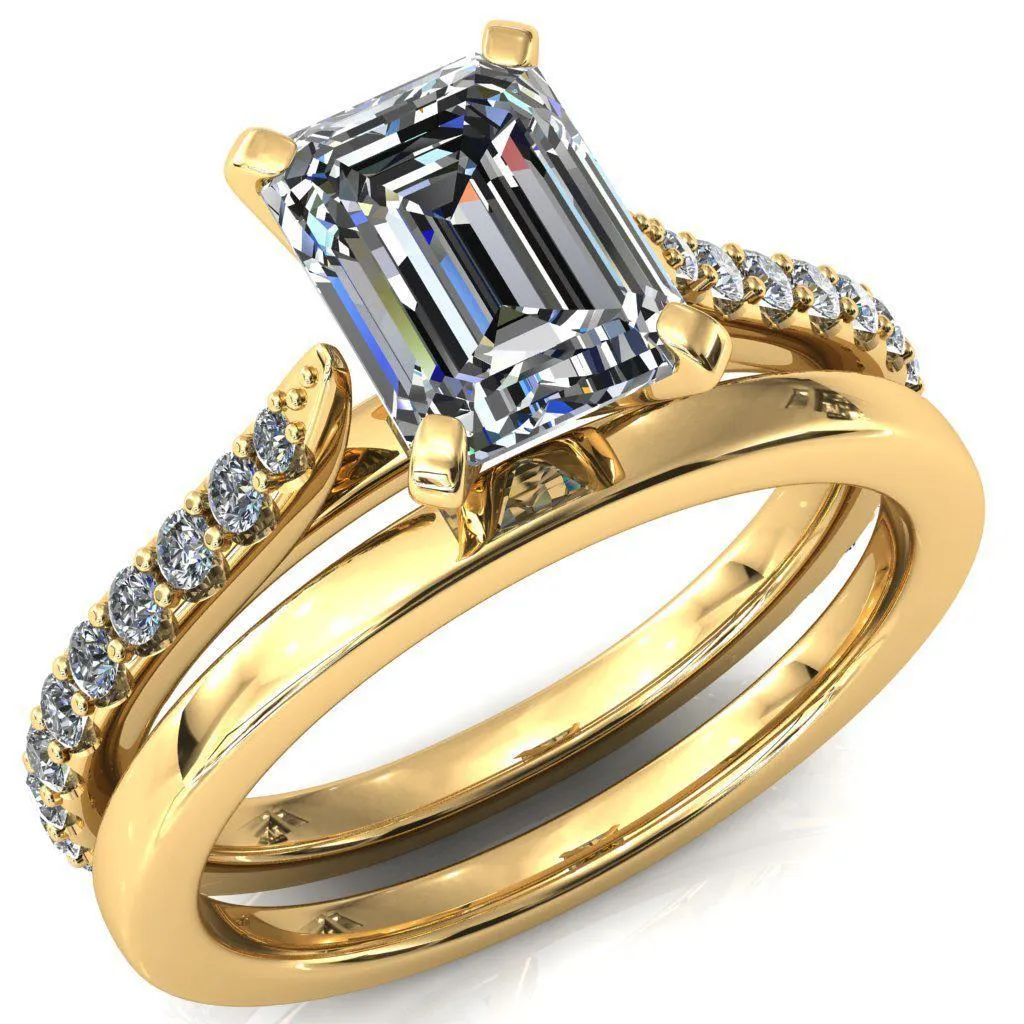 Kelsy Emerald Moissanite 4 Prong 3/4 Shared Scalloped Inverted Cathedral Ring
