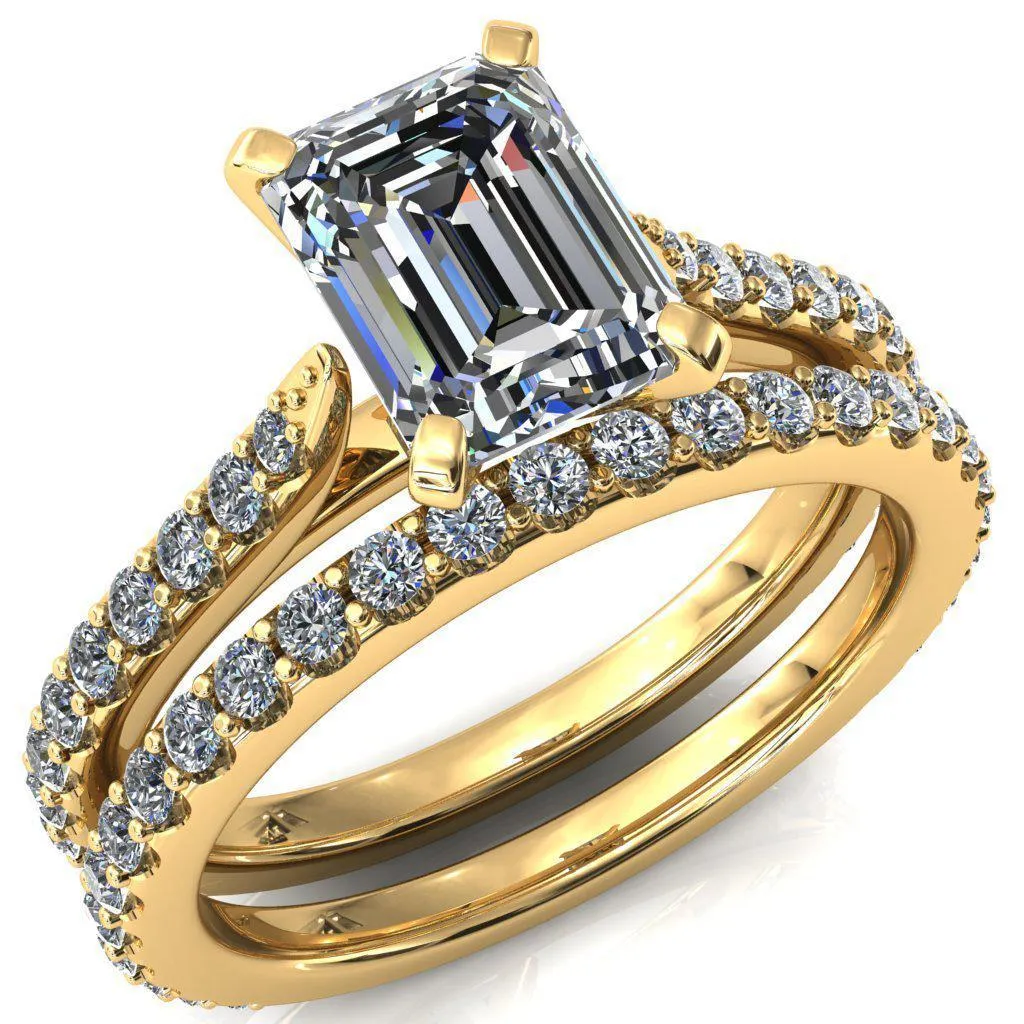Kelsy Emerald Moissanite 4 Prong 3/4 Shared Scalloped Inverted Cathedral Ring
