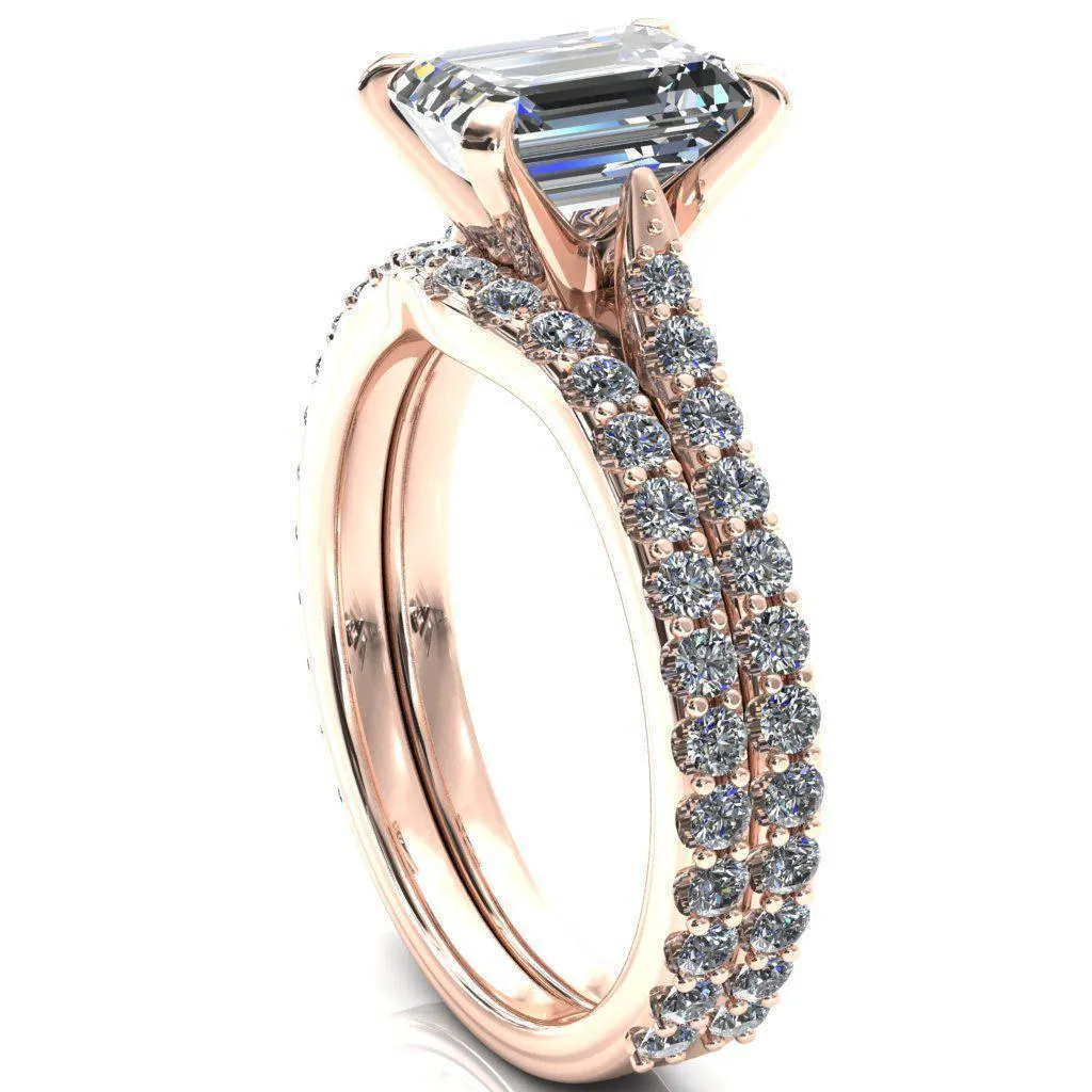 Kelsy Emerald Moissanite 4 Prong 3/4 Shared Scalloped Inverted Cathedral Ring