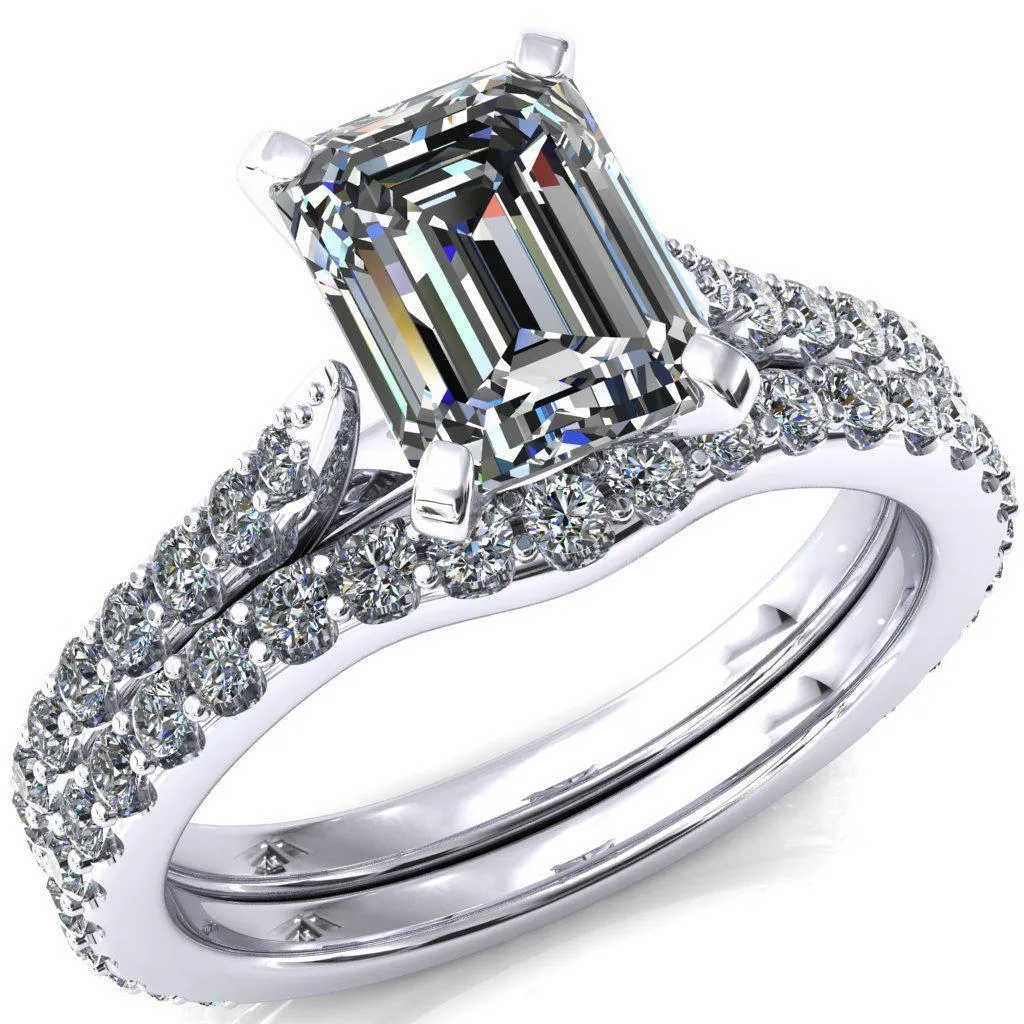 Kelsy Emerald Moissanite 4 Prong 3/4 Shared Scalloped Inverted Cathedral Ring