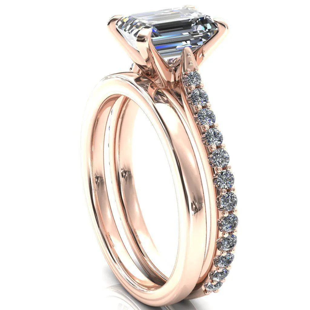 Kelsy Emerald Moissanite 4 Prong 3/4 Shared Scalloped Inverted Cathedral Ring