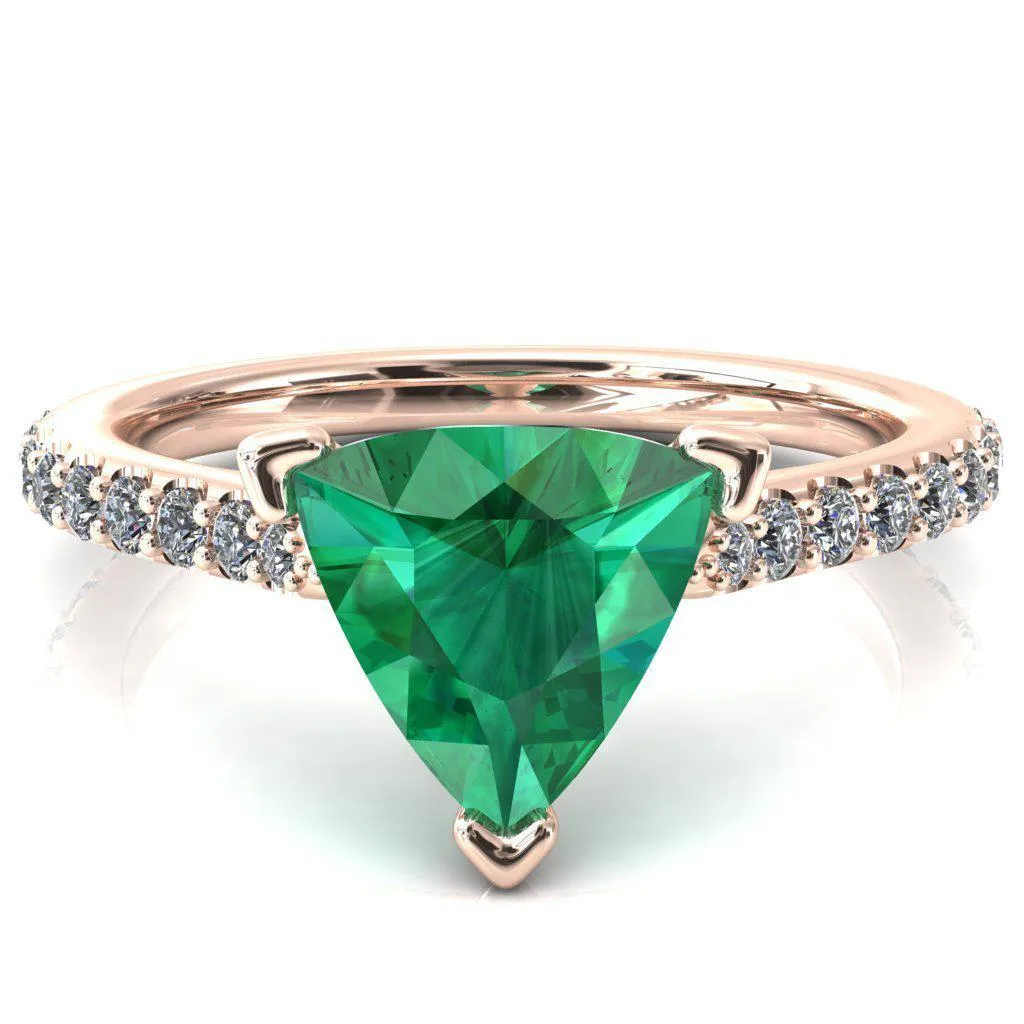 Kelsy Trillion Emerald 3 Prong 3/4 Shared Scalloped Inverted Cathedral Ring