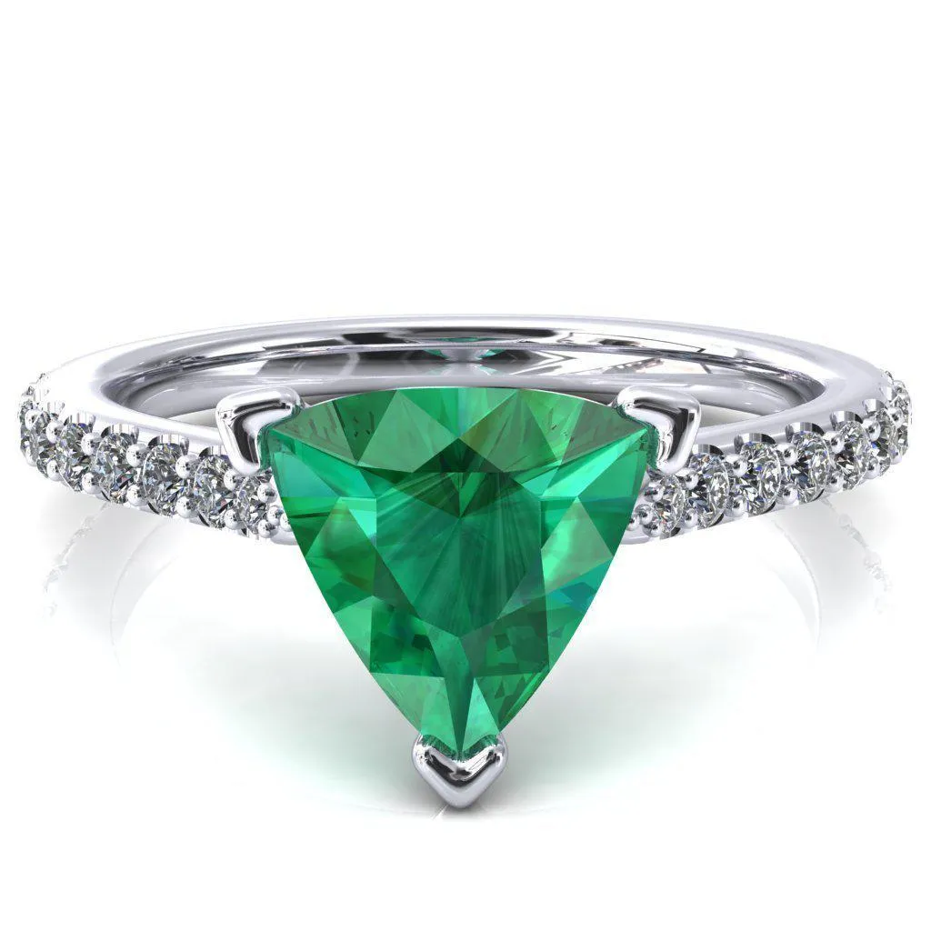 Kelsy Trillion Emerald 3 Prong 3/4 Shared Scalloped Inverted Cathedral Ring