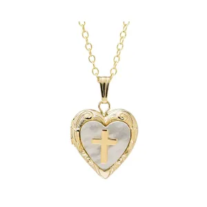 Kiddie Kraft 14K Yellow Gold Filled Mother of Pearl Heart Locket and Cross Necklace