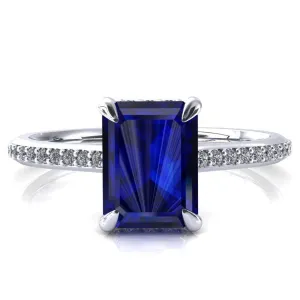 Kiki Emerald Blue Sapphire 4 Prongs Claw Floating Halo 1/2 Pinpoint Inverted Cathedral Ring