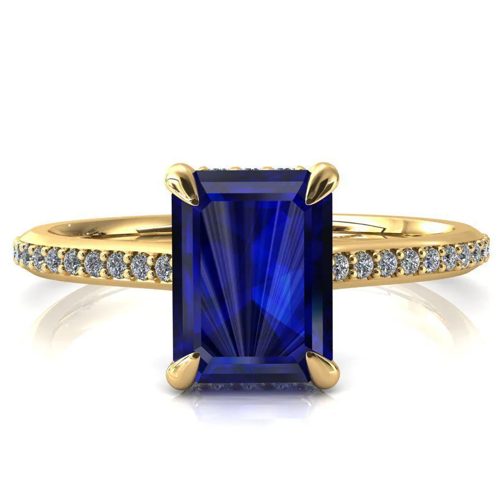 Kiki Emerald Blue Sapphire 4 Prongs Claw Floating Halo 1/2 Pinpoint Inverted Cathedral Ring