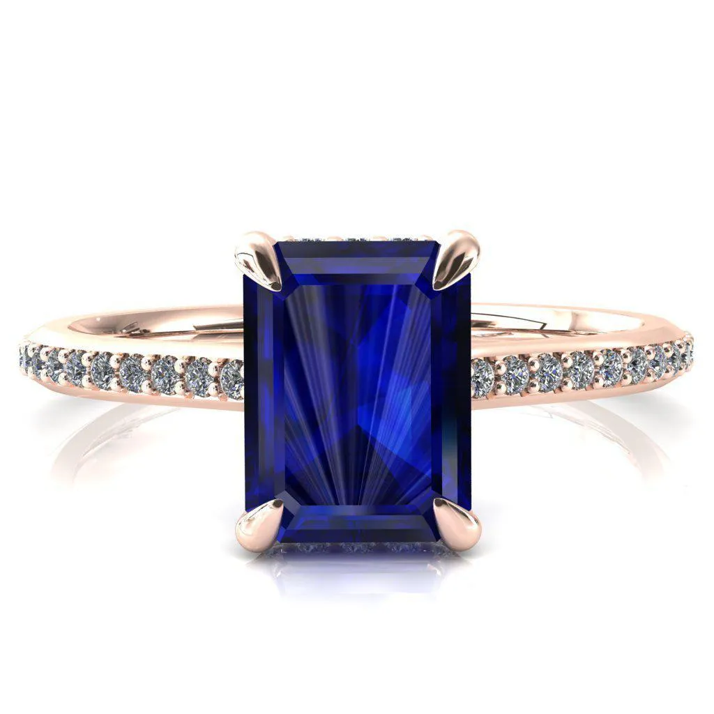 Kiki Emerald Blue Sapphire 4 Prongs Claw Floating Halo 1/2 Pinpoint Inverted Cathedral Ring
