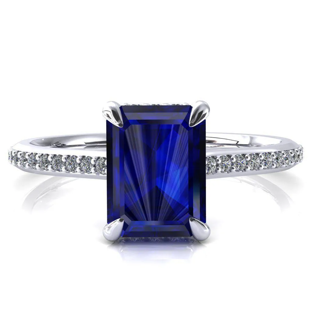 Kiki Emerald Blue Sapphire 4 Prongs Claw Floating Halo 1/2 Pinpoint Inverted Cathedral Ring