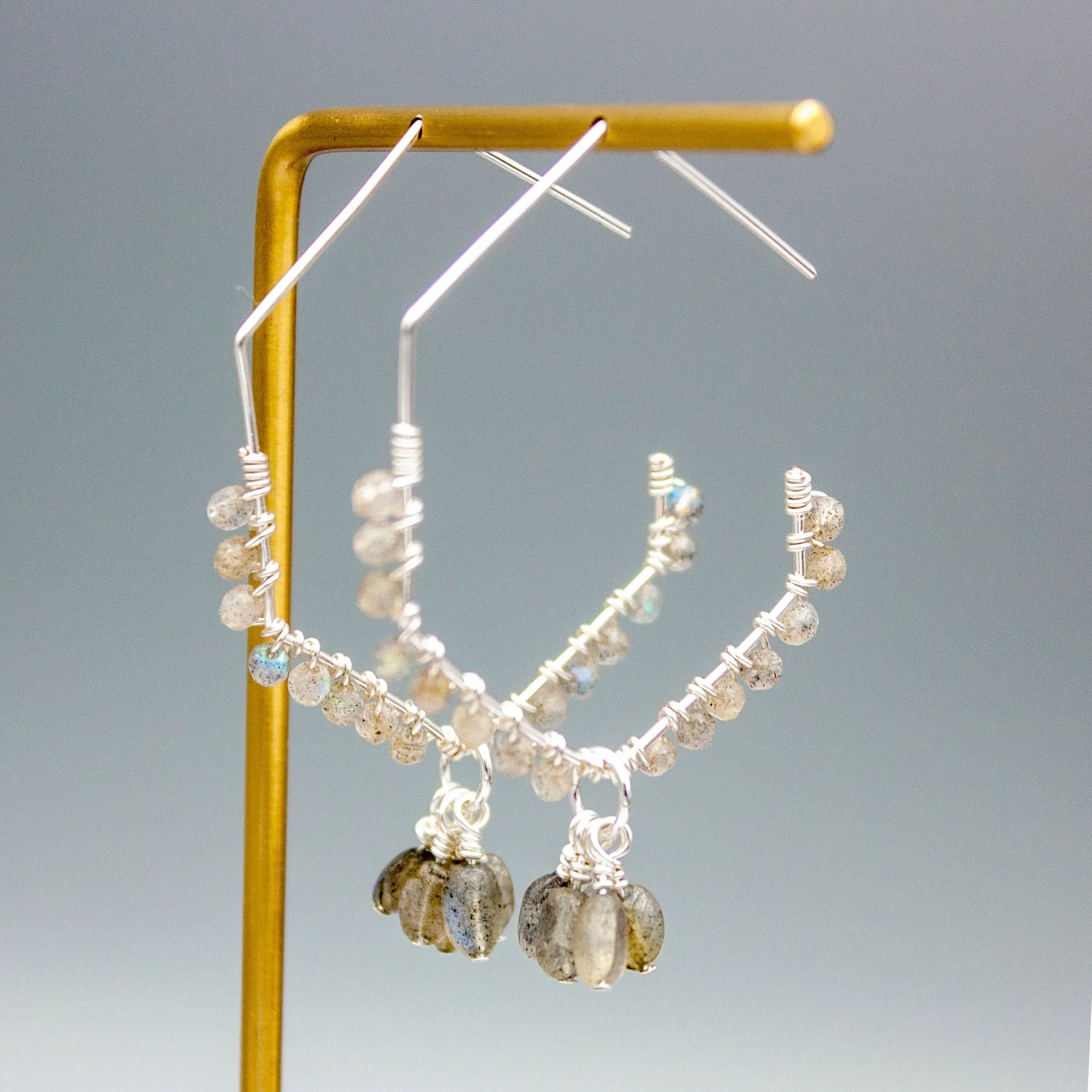 Labradorite and Quartz Beaded Drop Earrings - 14k Gold Filled Hoops, 2.25" Length, Silver-Plated Copper Backs