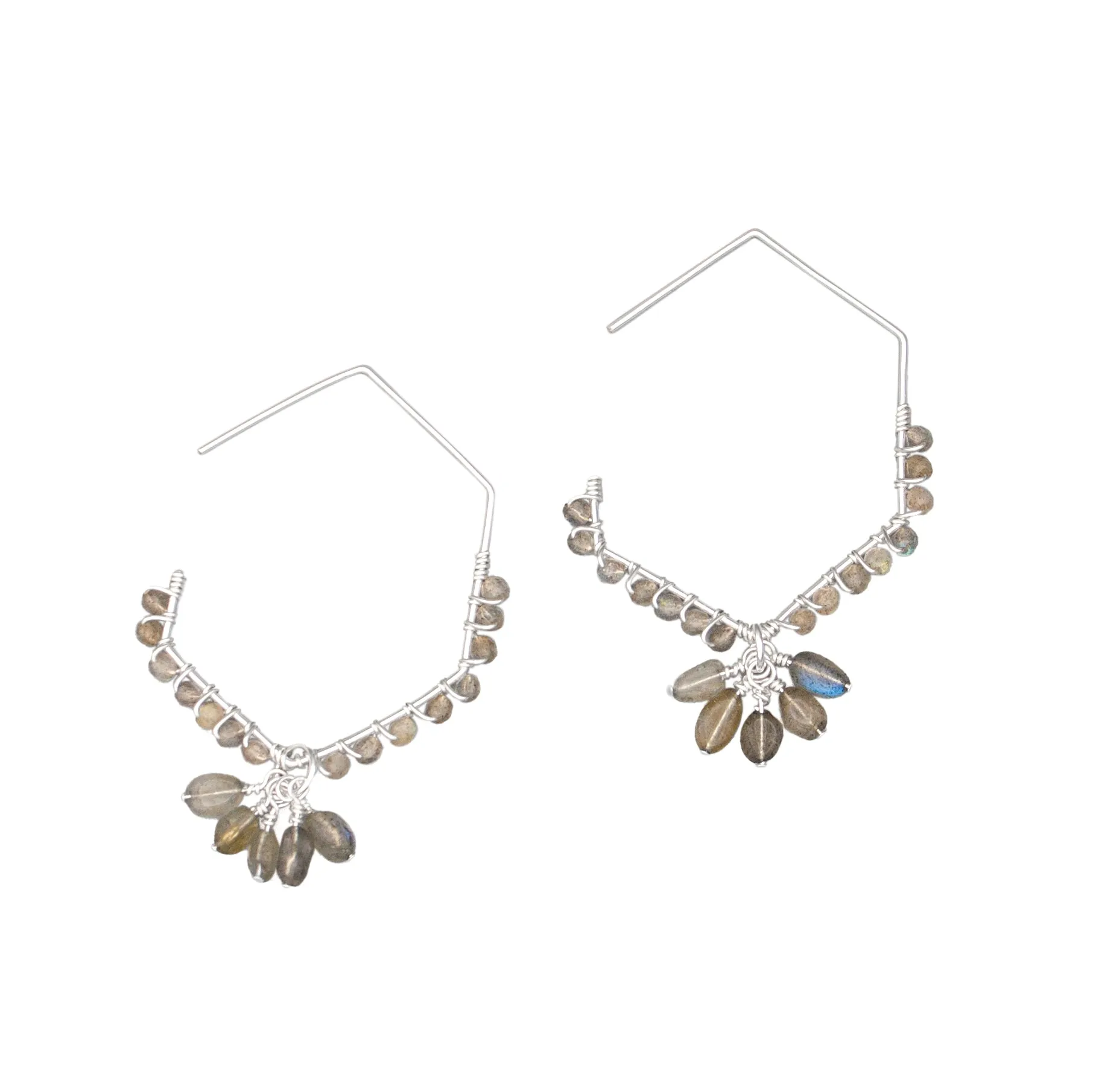 Labradorite and Quartz Beaded Drop Earrings - 14k Gold Filled Hoops, 2.25" Length, Silver-Plated Copper Backs