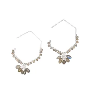 Labradorite and Quartz Beaded Drop Earrings - 14k Gold Filled Hoops, 2.25" Length, Silver-Plated Copper Backs