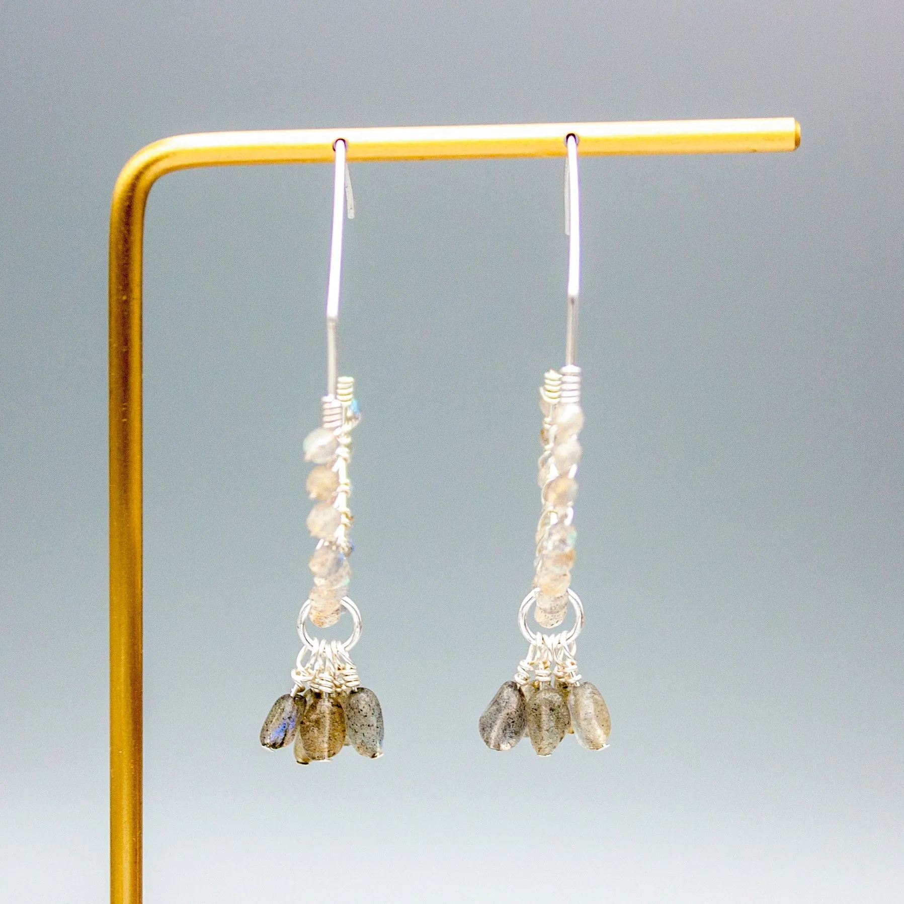 Labradorite and Quartz Beaded Drop Earrings - 14k Gold Filled Hoops, 2.25" Length, Silver-Plated Copper Backs