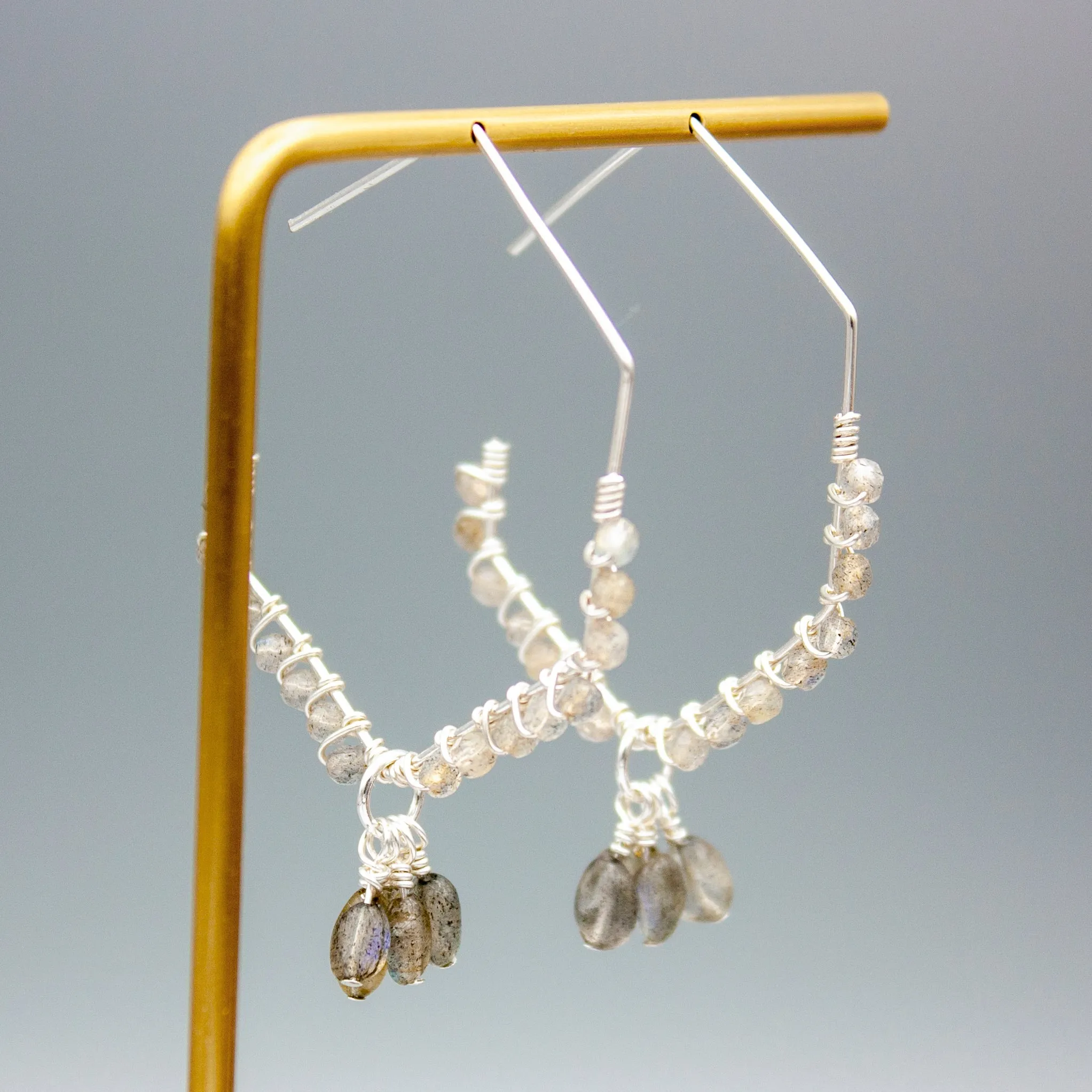 Labradorite and Quartz Beaded Drop Earrings - 14k Gold Filled Hoops, 2.25" Length, Silver-Plated Copper Backs