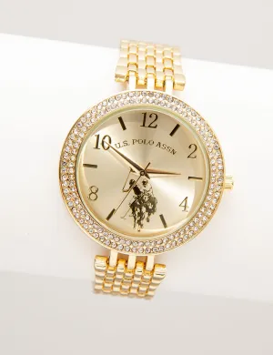 LADIES GOLDTONE WATCH WITH CRYSTAL ENCRUSTED BEZEL