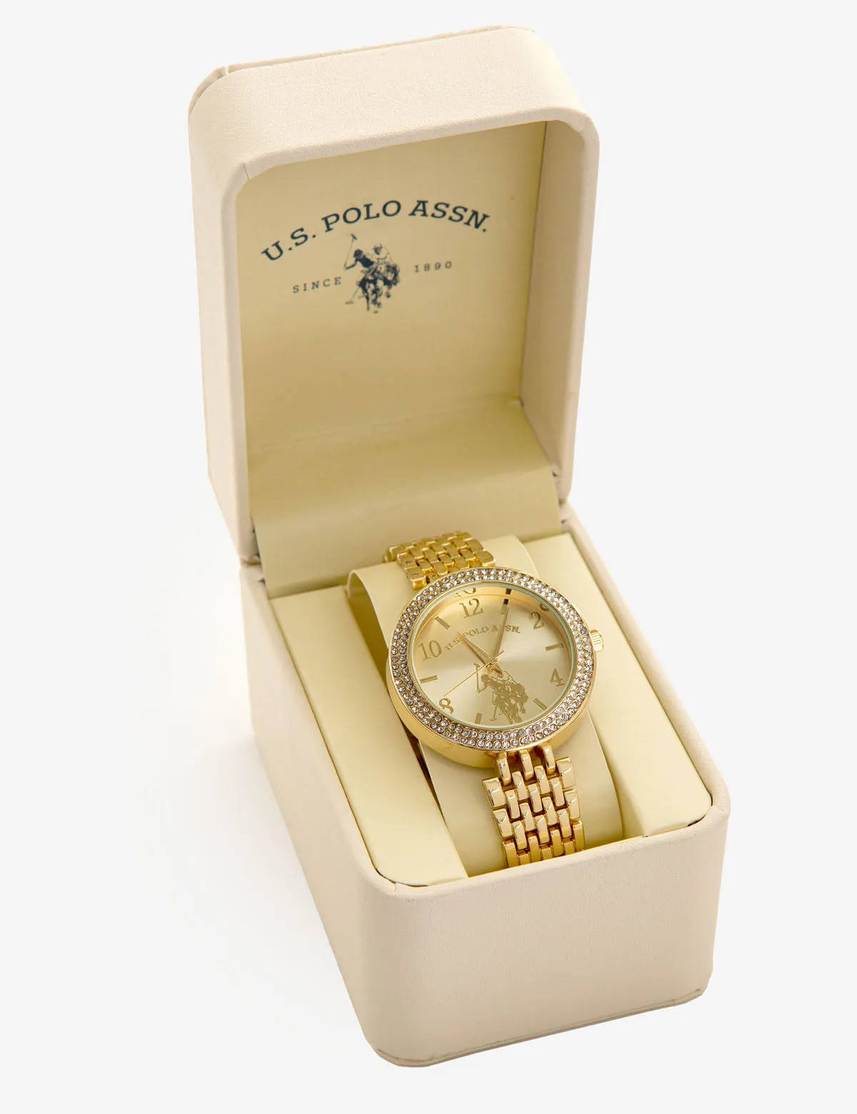 LADIES GOLDTONE WATCH WITH CRYSTAL ENCRUSTED BEZEL