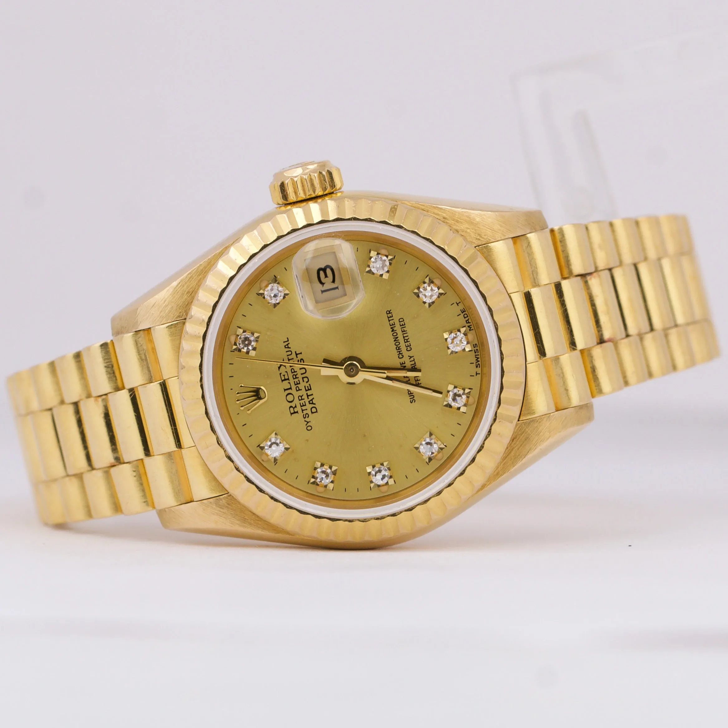 Ladies Rolex DateJust President 26mm FACTORY CHAMPAGNE DIAMOND 18K Gold 69178