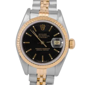 Ladies Rolex DateJust Two-Tone 18K Yellow Gold Stainless Black 26mm Watch 69173