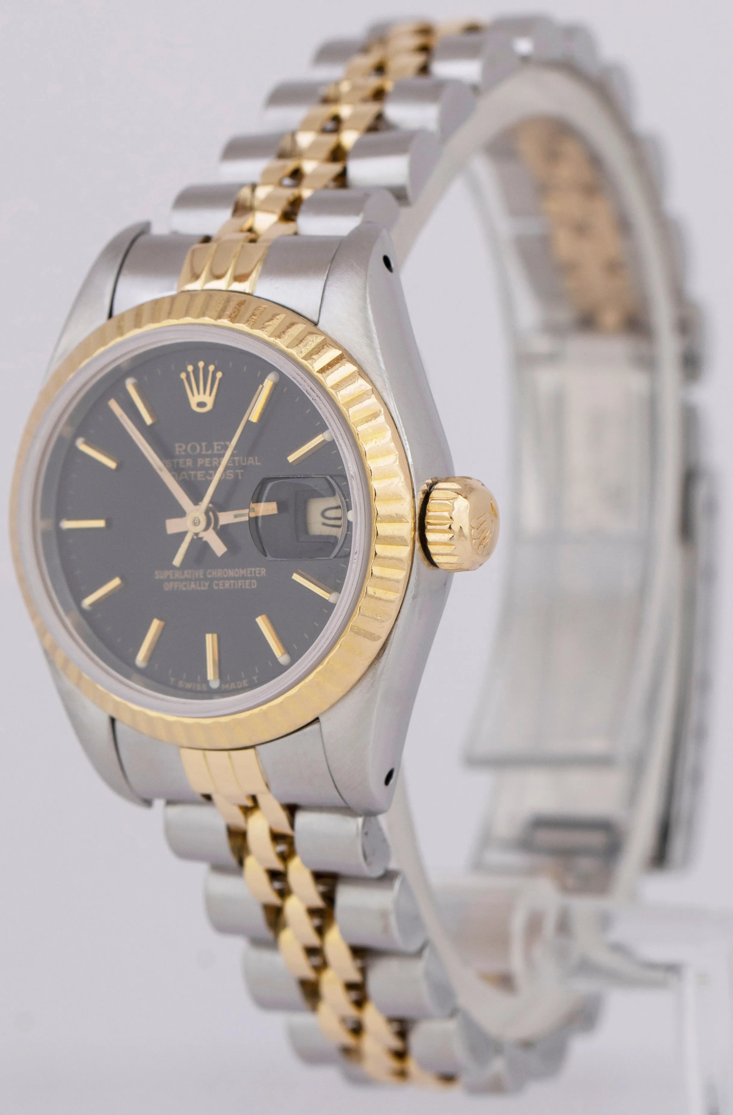 Ladies Rolex DateJust Two-Tone 18K Yellow Gold Stainless Black 26mm Watch 69173